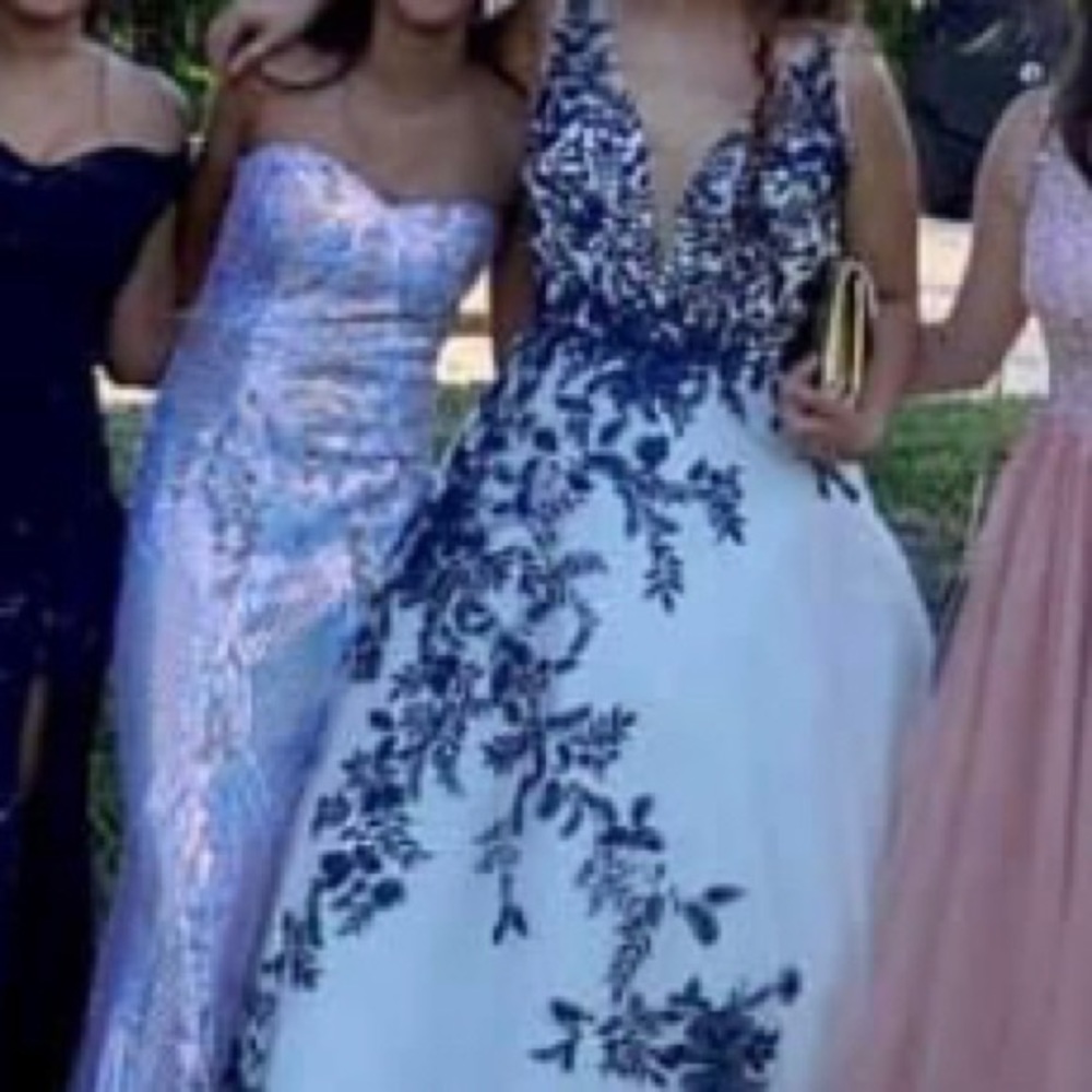 Camille La Vie white blue floral prom dress